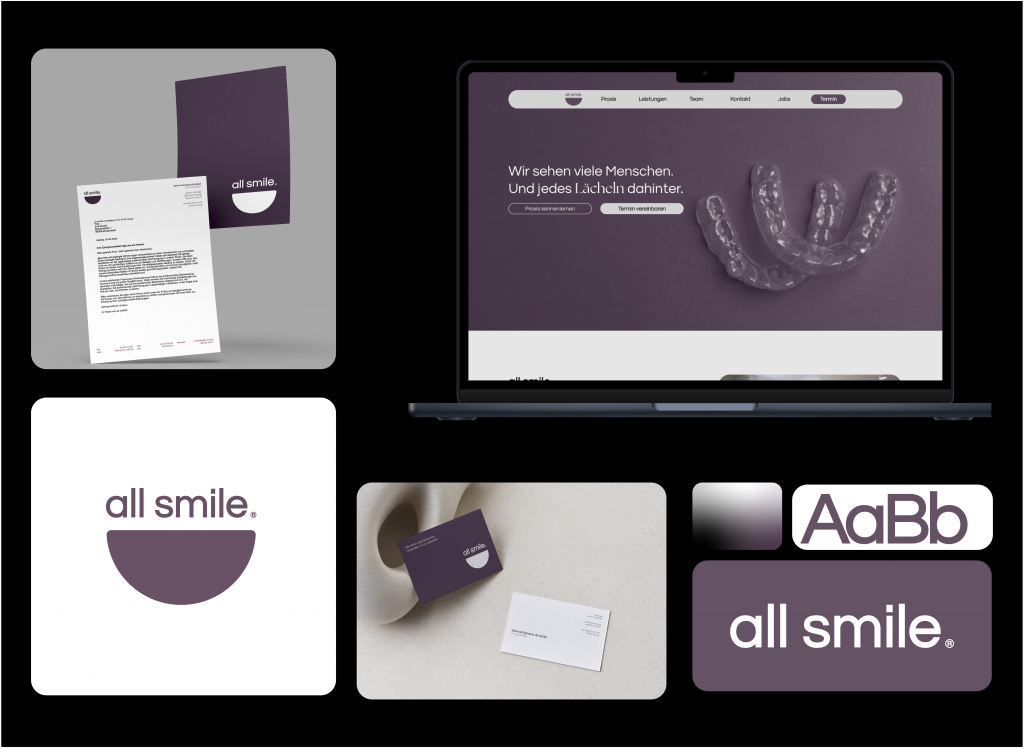 Collage mit Branding-Elementen für „all smile“: Briefpapier und Visitenkarten, ein Laptop mit Websiteaufbau, Farbfeld, Typografiebeispiel und Logo in gedecktem Lila/Dunkelgrau-Ton.